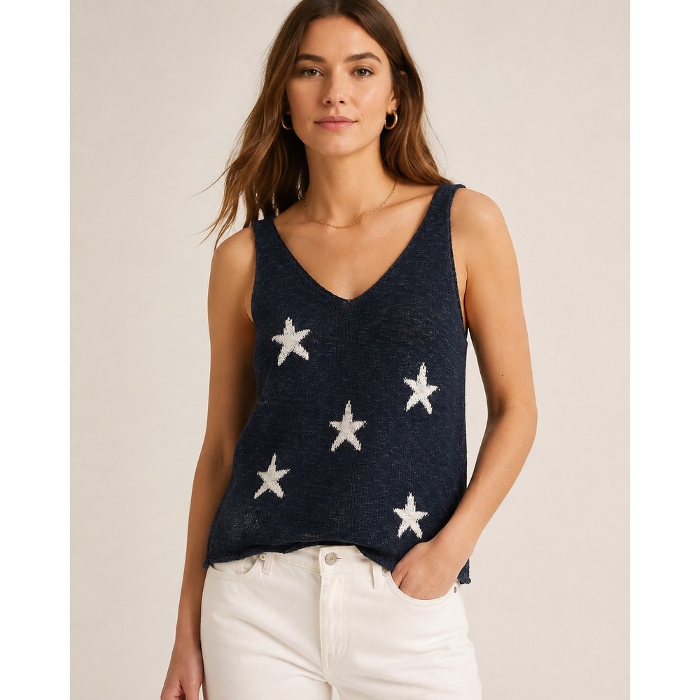 Star-Pattern Navy Knit V-Neck Tank Top Lightweight Sweater